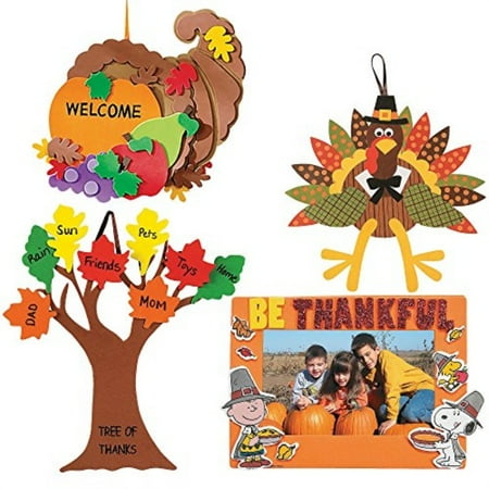 Craft Kits Thanksgiving and Autumn | Peanuts Be Thankful Picture Frame Magnet Kit, Foam Cornucopia Door Sign Kit, Turkey Making