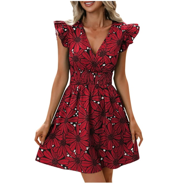Vestido Corto de Verano Cintura Cinchado Gran Impresión de Flores sin Mangas, Vestido de Verano Sexy Y Informal