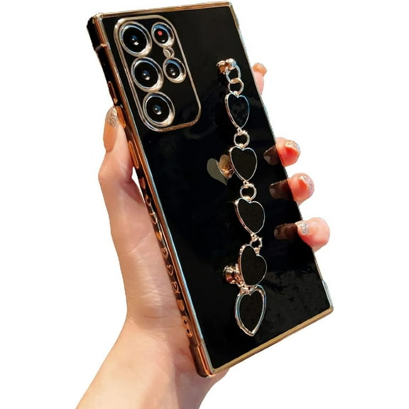 Compatible with Samsung Galaxy S22 Ultra Phone Case Women Luxury Plating Cute Love Heart Case with Heart Chain Bracelet Strap Camera Lens Protection Soft Silicone Shockproof Case (Black)