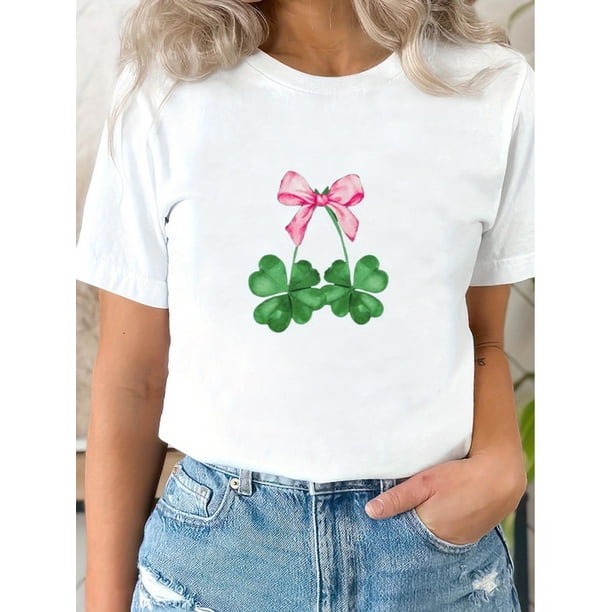 Lucky Shamrock, Trendy Irish Design Fashion Women's Sports Casual T-Shirt - Round Neck Short Sleeve Camisetas de verano para mujer, manga corta, cuello redondo, casual, lindo, con gráficos, camisetas