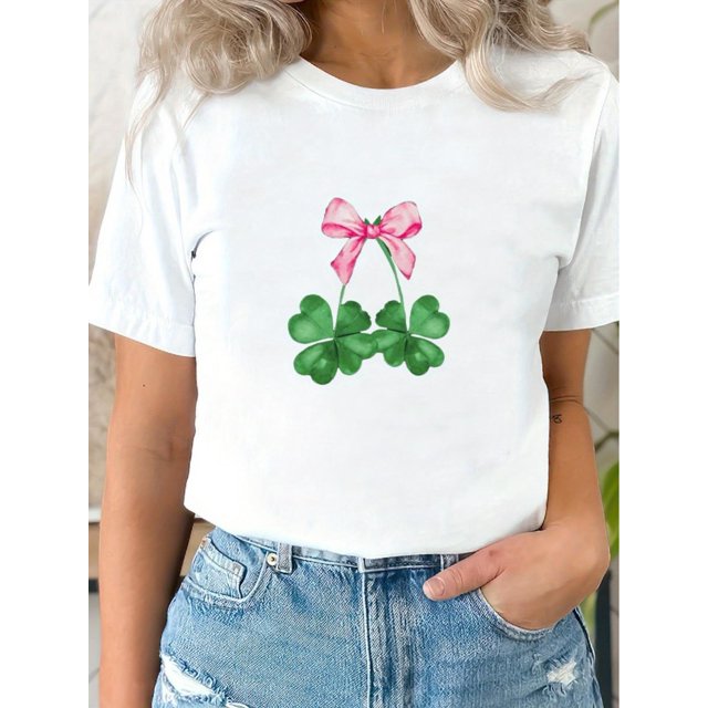 Trèfle Chanceux, T-Shirt Décontracté de Sport pour Femmes Design Irlandais Tendance - T-Shirt Imprimé à Manches Courtes Col Rond, Nouveau Style Printemps et Été pour la Fête des Pères, Fête des Mères, Nouveau