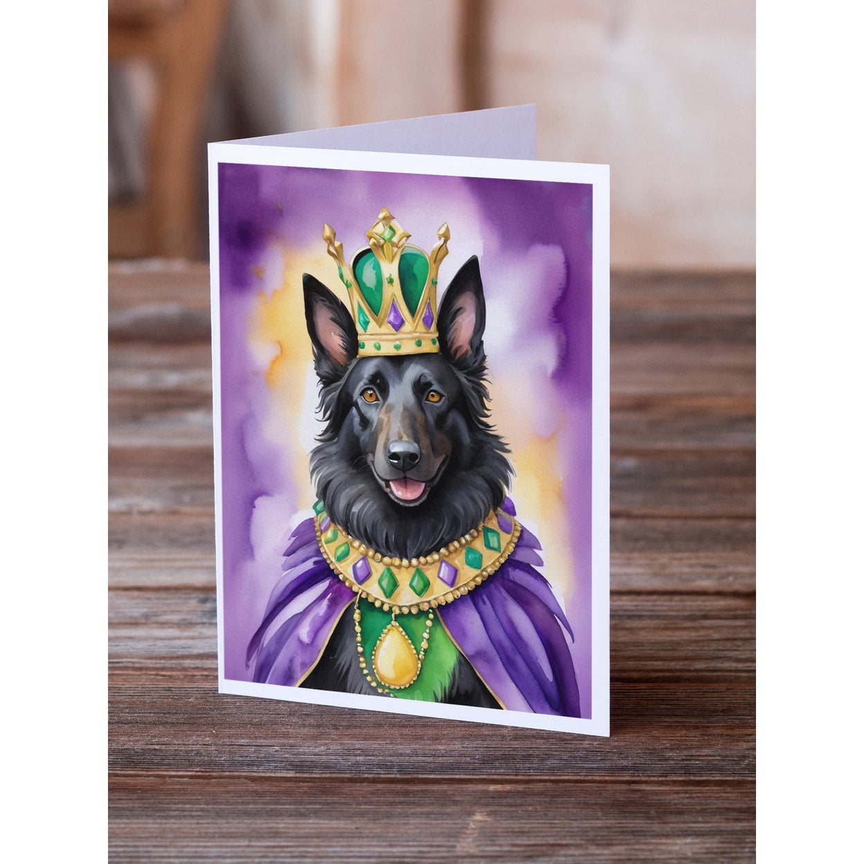 Belgian Sheepdog King of Mardi Gras Greeting Cards Pack of 8 7 in x 5 in