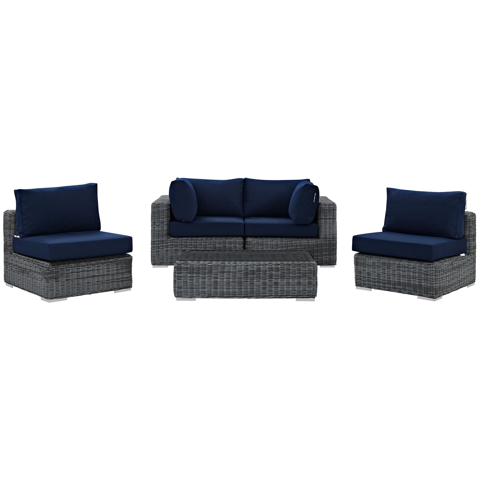 Modway Summon 5-Piece Aluminum Rattan Patio Sectional Set - Canvas/Navy