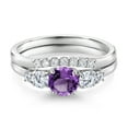thumbnail image 3 of Gem Stone King 10K White Gold Purple Amethyst and White Lab Grown Diamond 5 Stone Bridal Engagement Wedding Ring Set for Women (0.78 Cttw, Round: 5MM and 3MM, Size 9), 3 of 6