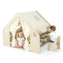 Infans 6-in-1 Kids Playhouse Wooden Play Tent w/Blackboard, Desk, Chair, 6 Storage Bins