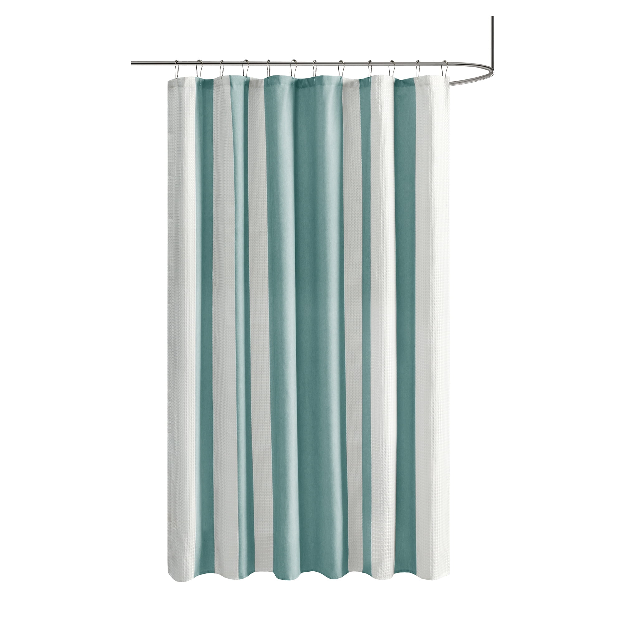 Better Homes & Gardens Waffle Weave Stripe 90 Degree Turn Shower Curtain 72x72, Aqua Blue
