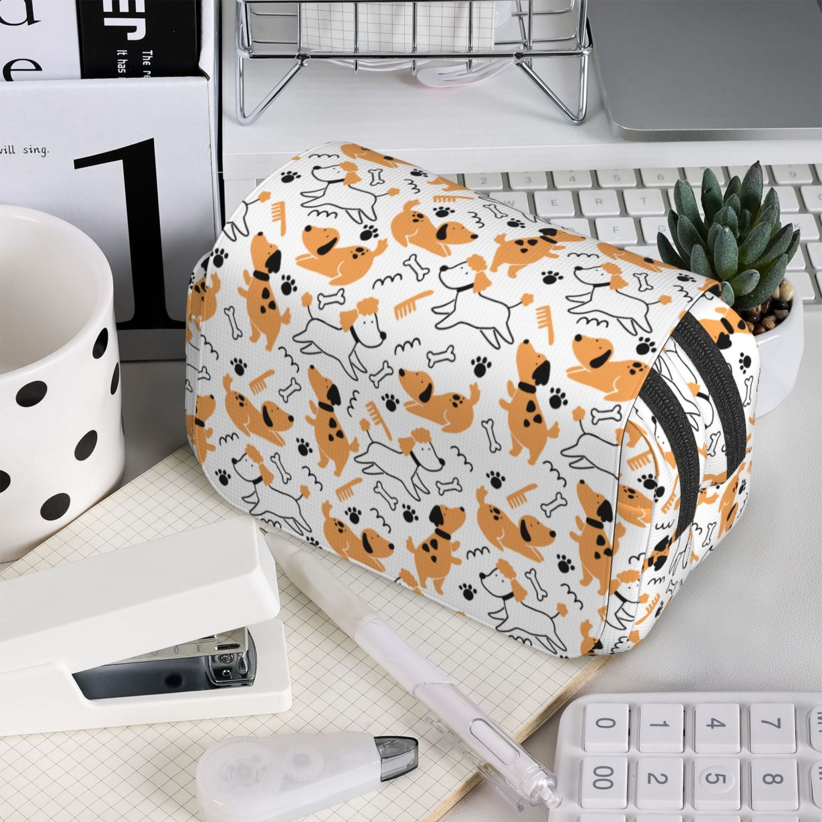 Rateoe Cute Dog Pattern Double Clamshell Pen Case, Storage Organizer with Two Zipper Compartments– Holds Up to 50 Pencils & Pens
