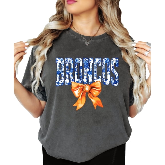 Broncos Orange Floral Bow Shirt for Women & Teens Trendy Team Spirit Sports Fan Graphic Tee Pepper Shirt Adult X-Large