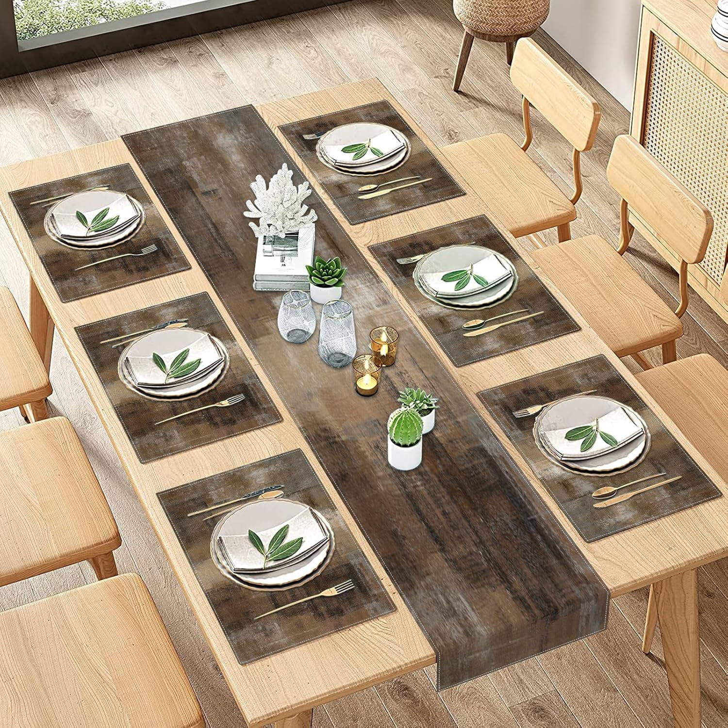 Vintage Brown Grey Table Runner and Placemats Set of 6, Modern Abstract Painting Art Dining Decor for Daily Use(1 Table Runner 72 inches Long and 6 Placemats)