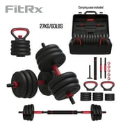 FitRx SmartBell Gym, 60lb 4-in-1 Portable Interchangeable Dumbbell, Barbell, and Kettlebell Set with Adjustable Weights