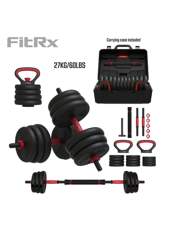 FitRx SmartBell Gym, 60 lbs. 4-in-1 Adjustable Interchangeable Dumbbell, Barbell, and Kettlebell Weight Set, Black