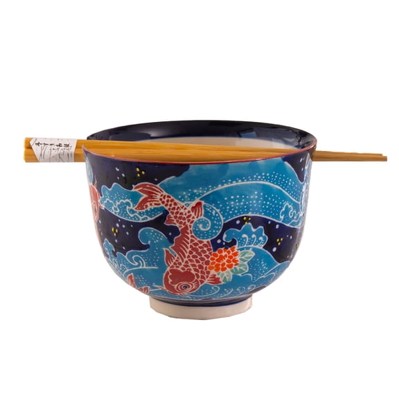 Urban Tokyo Handpainted Ceramic Glazed Japanese Ramen Udon Noodle Rice Bowl With Chopsticks 20 fl oz 5 inch Diameter Bowl Sets Color Box Packaging (Japanese Koi Fish)