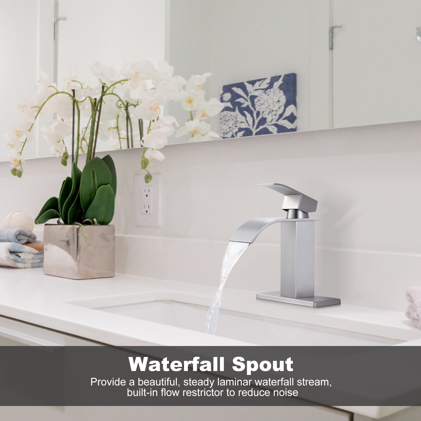 Wowow Waterfall Bathroom Faucet Brushed Nickel Faucet for Bathroom Sink Single Handle Mixer Tap Lavatory Vanity Faucet with Deck Plate and Pop Up Drain, 1 or 3 Hole