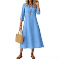 thumbnail image 2 of JGGSPWM Robe Maxi Décontractée en Coton pour Femmes Tendance Été Bohème Manches 3/4 Coton Lin Longue Robe Élégante Chic pour Femmes Bleu P, 2 of 9
