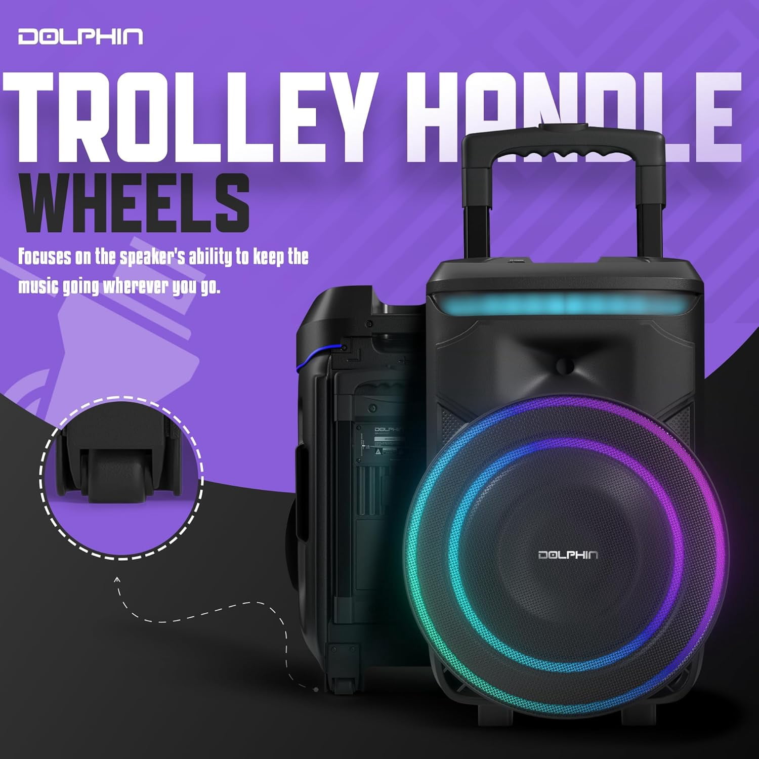 Dolphin SP-1800RBT 18" Portable Bluetooth Party Speaker – 100W RMS, Powerful 18" Woofer, LED Lights, WaveSync™, X-Bass, Rechargeable Battery, Bluetooth 5.1, 21" Tall – Perfect for Parties