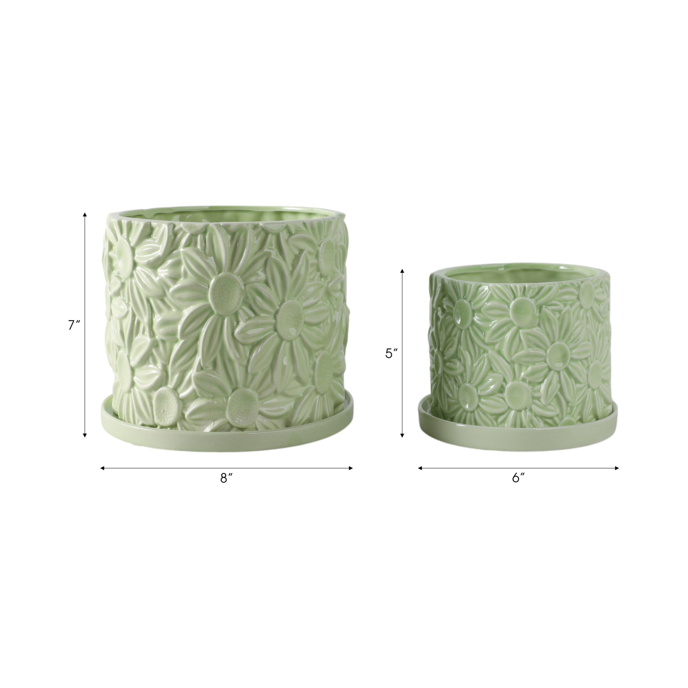 Decorative Daisy Flower Pot Planter for Home Decor - Stylish Indoor and Outdoor Pots for Plants - Chic Modern Plant Pots for Living Room, Patio, or Plant Stand Indoor - Set of 2, 7", 5", Green