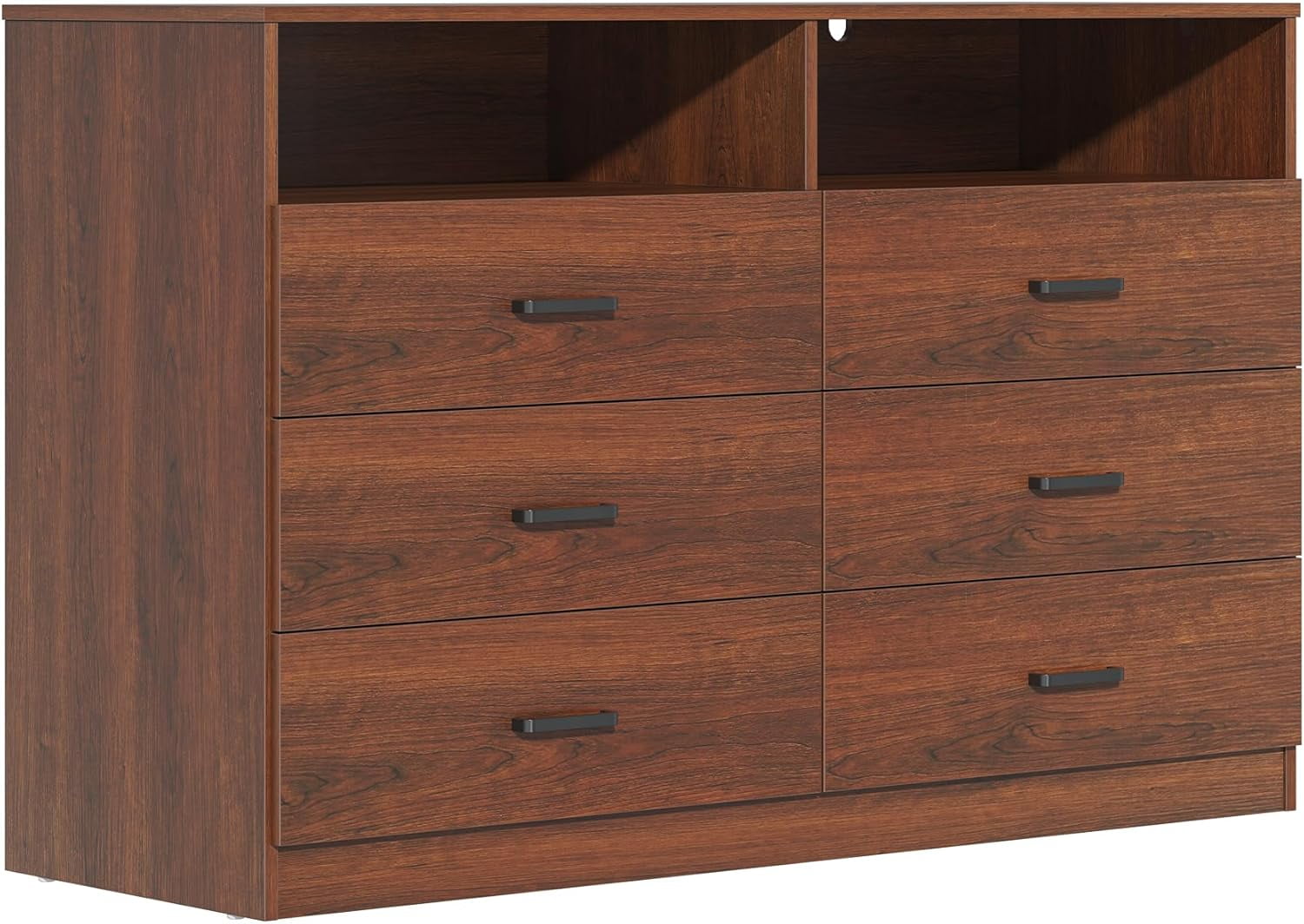 Frmobepts Wood Dresser for Bedroom, 6 Drawer Dresser with Open Storage Cubby,Brown