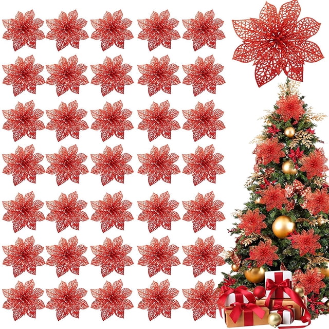 Paquete de 36 decoraciones de flores navideñas, adornos para árboles de Navidad, púas de flores de seda artificiales de 4" para decoración navideña