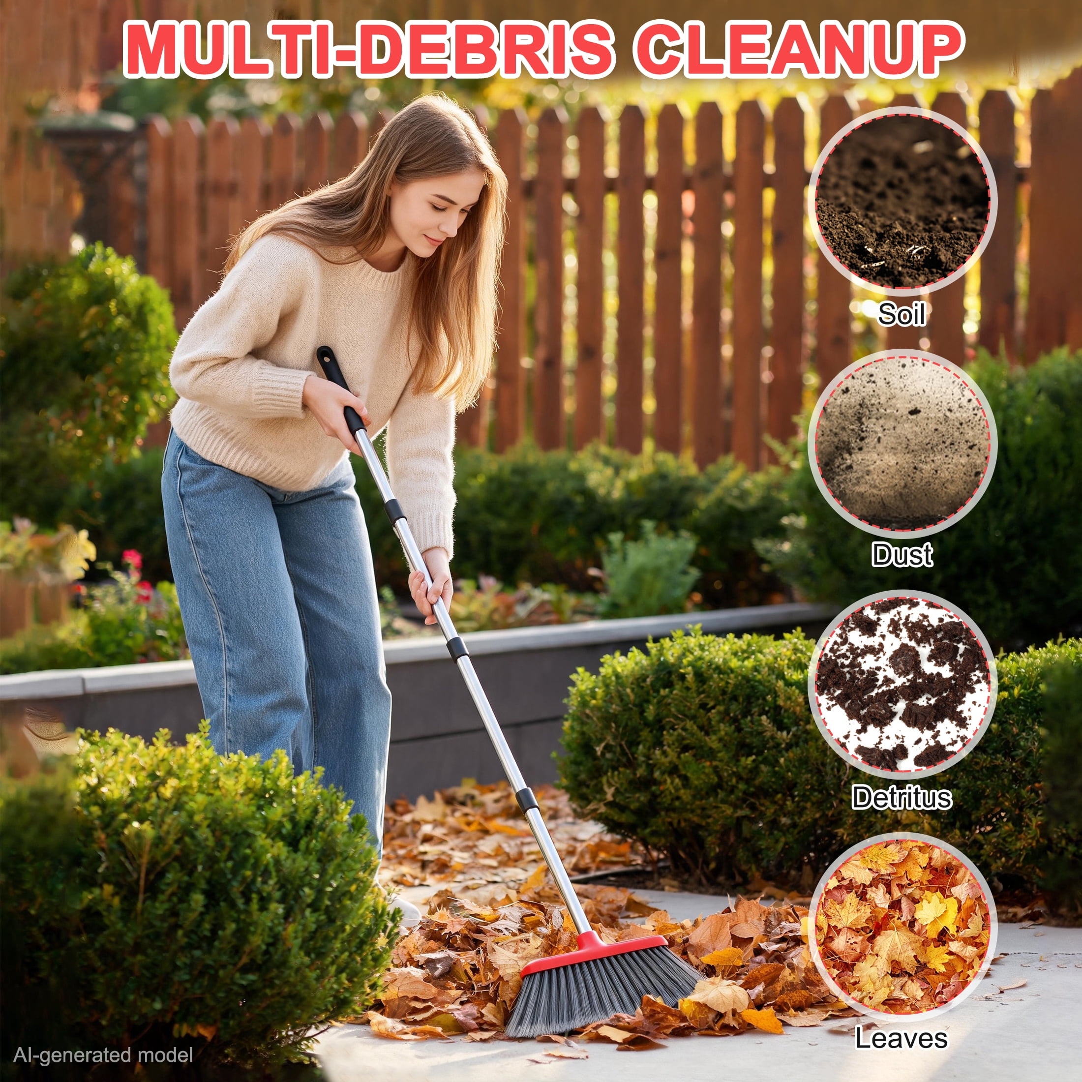 GARITIN Brooms for Floors, Heavy Duty Outdoor Stiff Bristle Angle Broom for Patio, Garage, Deck & Garden, Indoor Sweeping Broom with Long Handle