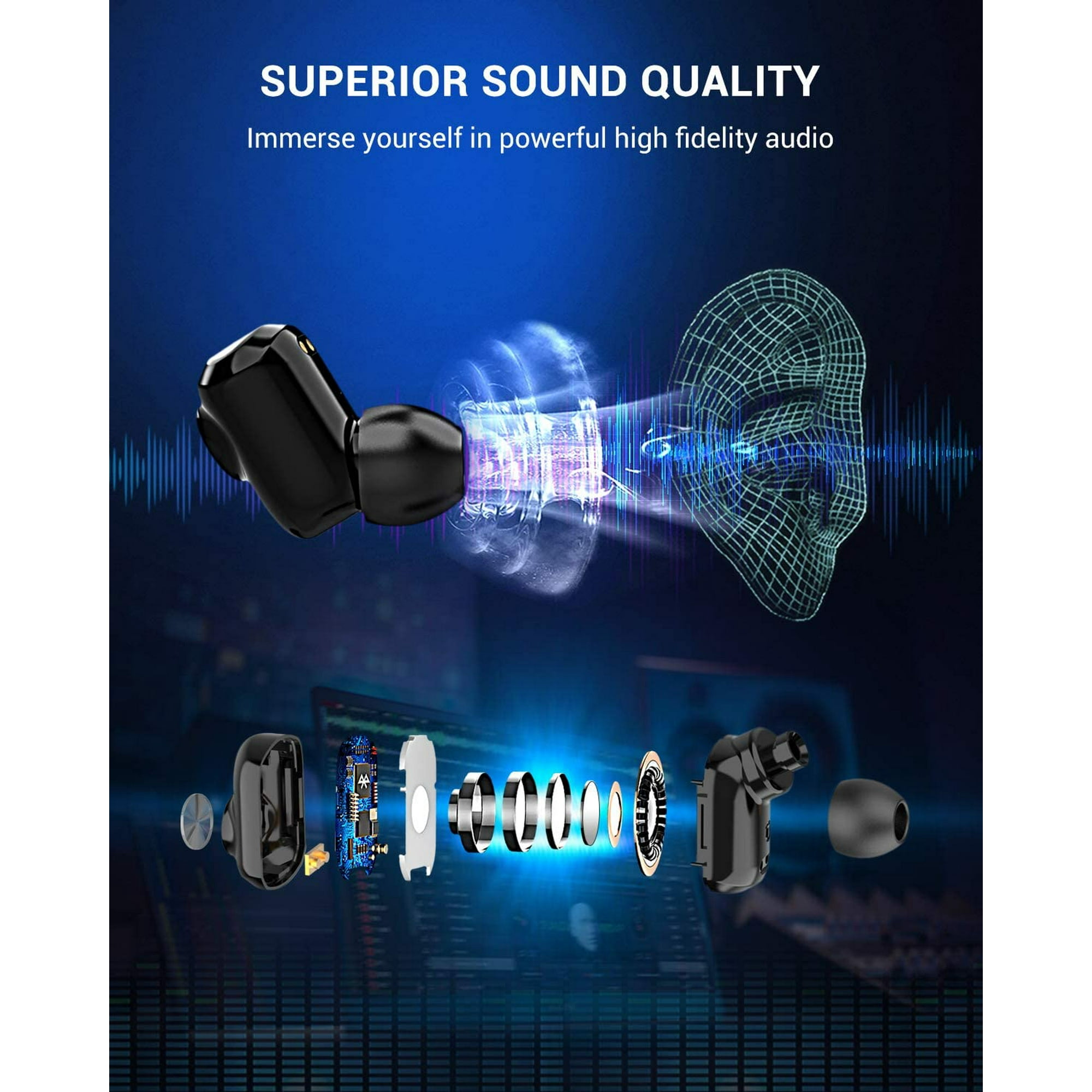 Bluetooth Earbuds Doltech T20 True Wireless Stereo Earbuds Bluetooth Headphones with Charging Neckband Noise Canceling Stereo Sports Earphones Leisure in Ear Earbuds with Built in Smart Mic Black Walm...