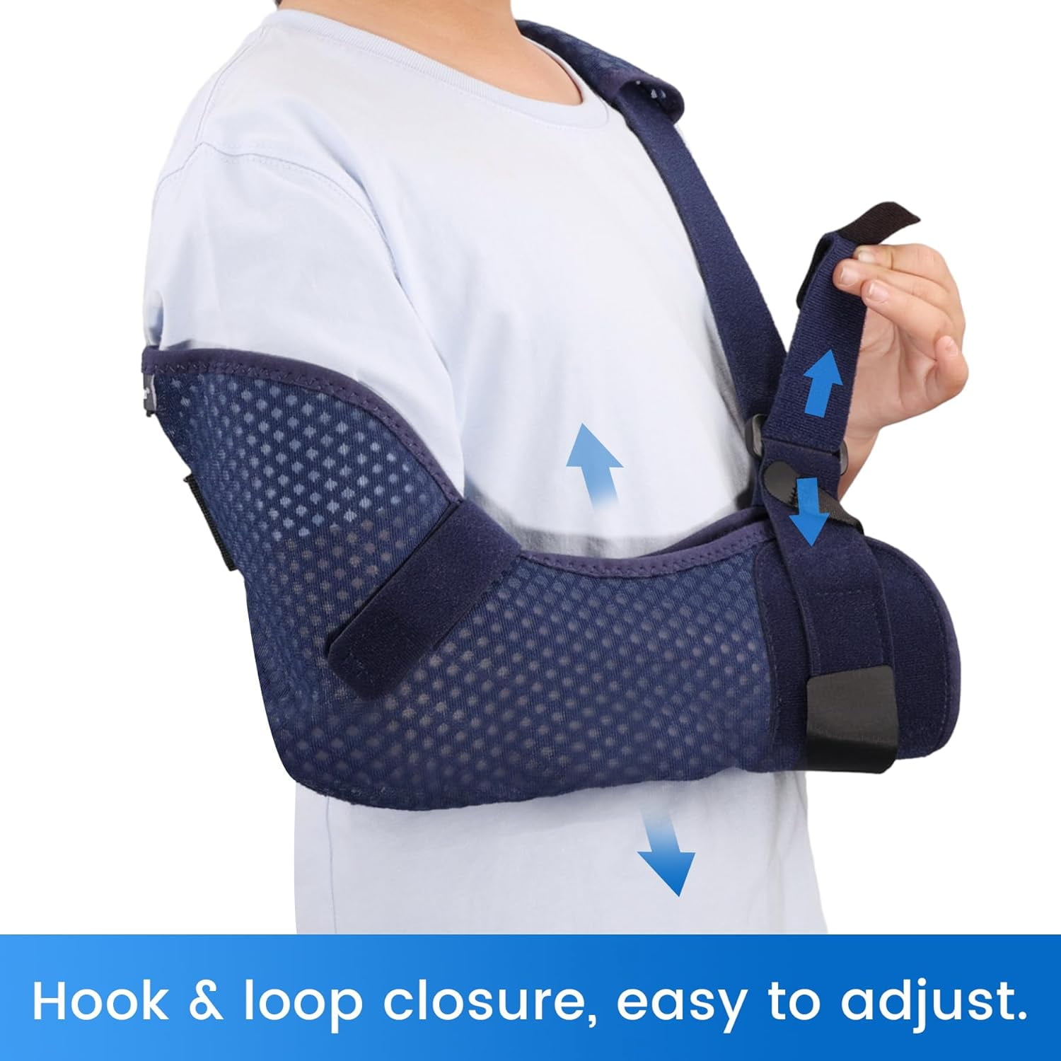 Velpeau Kids Arm Sling Shoulder Immobilizer with Waist Strap -Ventilated & Breathable Support Brace for Children, Boys, Girls (Mesh-Blue, Right, XS)