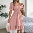thumbnail image 6 of WRKEKC Summer Dresses for Women Solid Square Neck Puff Sleeve Elastic Smocked Waist Ruffle a Line Midi Flowy, 6 of 7