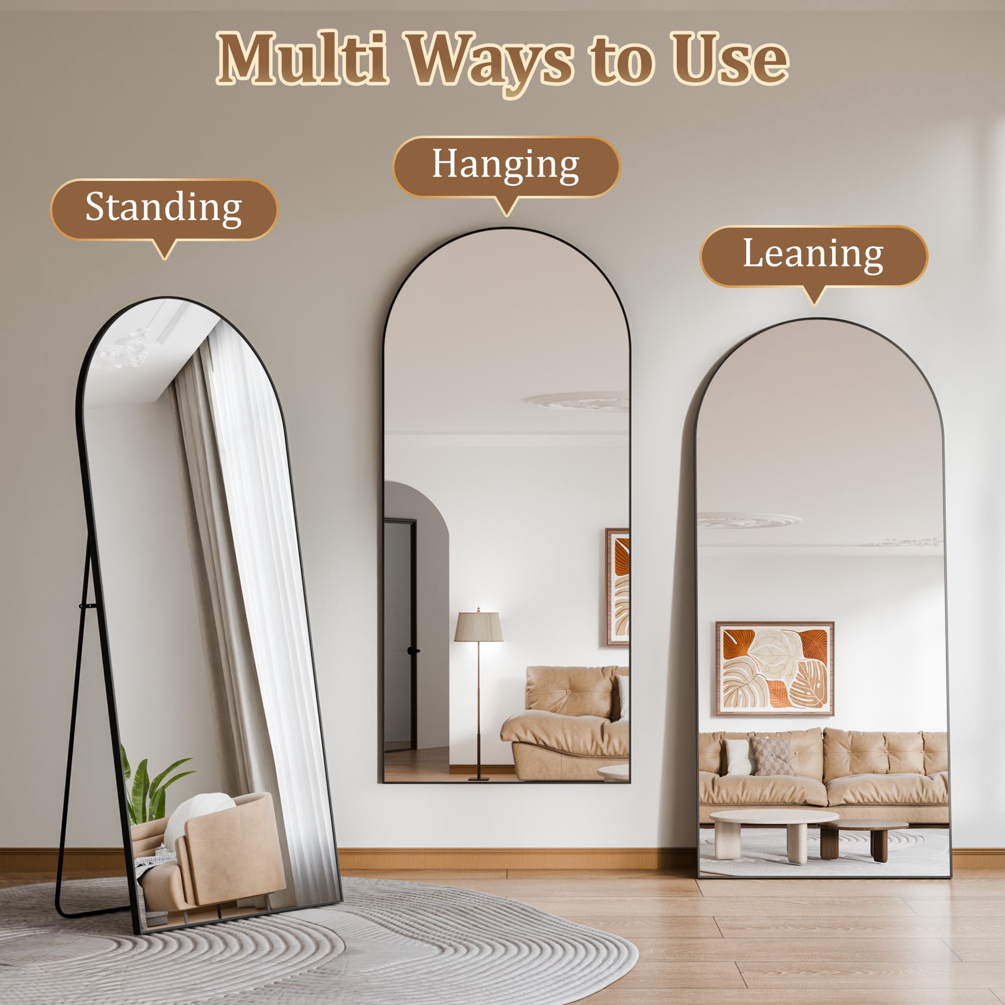 Easy4Home 78"x 35" Arch-Top Oversized Full Length Mirror Metal Frame Freestading Floor Mirror, Black