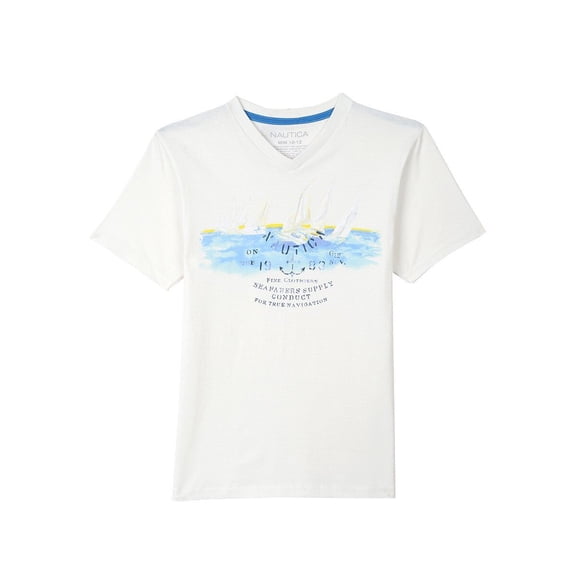 Nautica Boys' Short Sleeve Graphic V-Neck T-Shirt, Cream, 7X