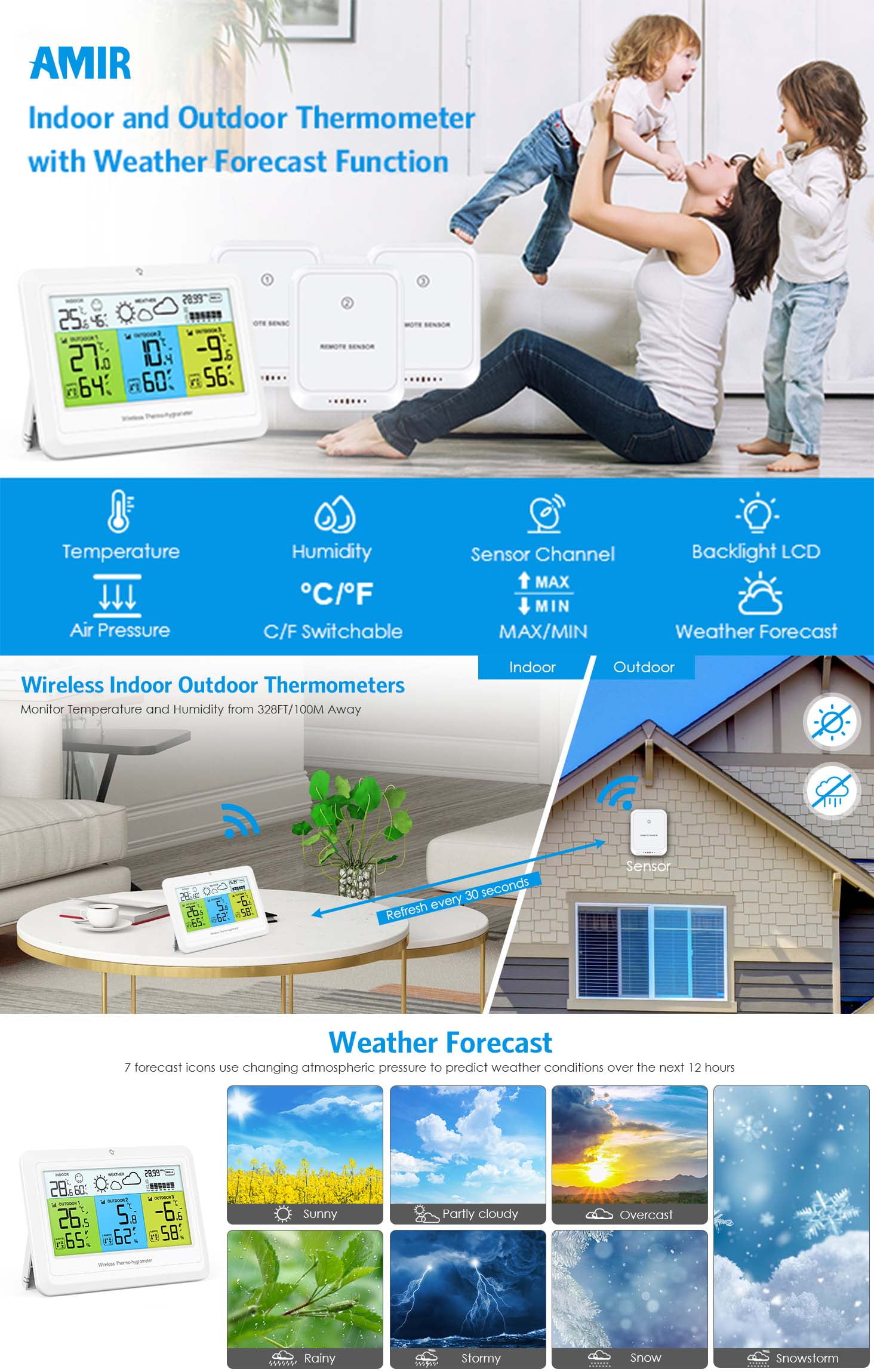 Weather Station, AMIR Indoor Thermometer with 3 Sensors Alert Barometer Pressure Backlight Forecast Outdoor Thermometer Humidity Gauge for Home Greenhouse Office