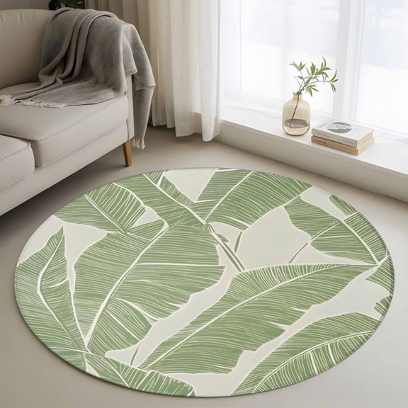 Green Palm Leaf Round Area Rug 4 FT, Non Slip Indoor Outdoor Rug, Tropical Botanical Summer Washable Soft Circular Carpet Non-Shedding Floor Mat for Coffee Table Nursery Foyer Balcony