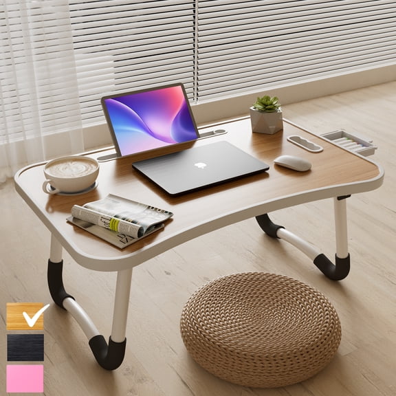 PHANCIR Lap Desk with Handle, 23.6" Foldable Wood Laptop Desk Nonslip, Durable Edge with Slots Cup Holder & Drawer, for Home Reading Writing Eating & On-the-Go Use, Walnut