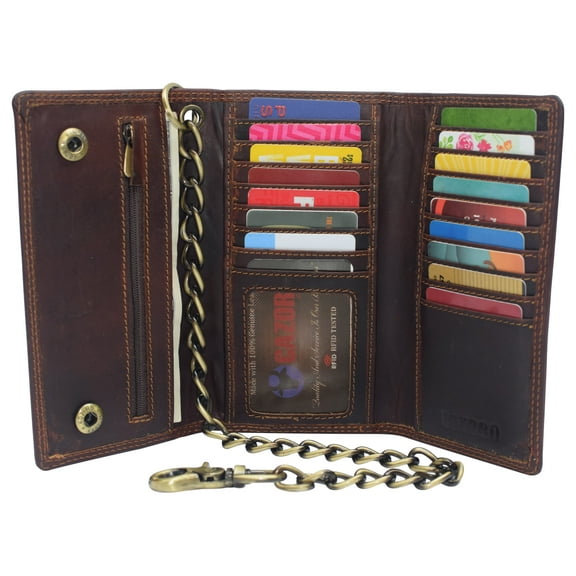 Bikers RFID safe Cow Leather Crazy Horse Brown Long Checkbook Trifold Chain Wallet for Men Vintage Texture style