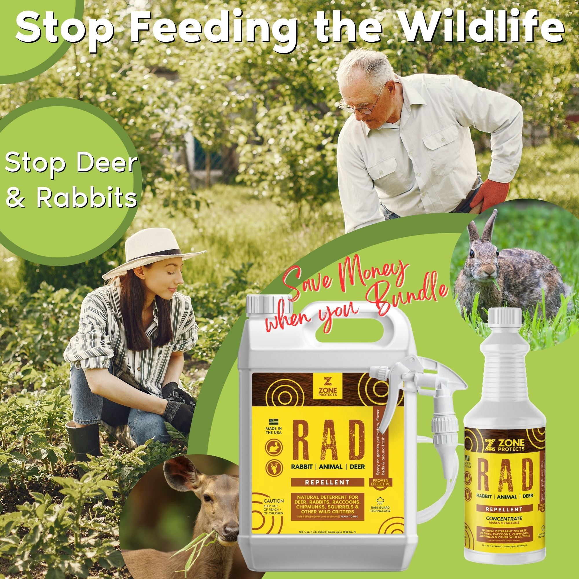 R.A.D. - Rabbit, Animal, Deer Repellent Concentrate/Gallon Bundle; All-Natural Money Saving Repellent; Protect Gardens, Flower Beds and Lawns