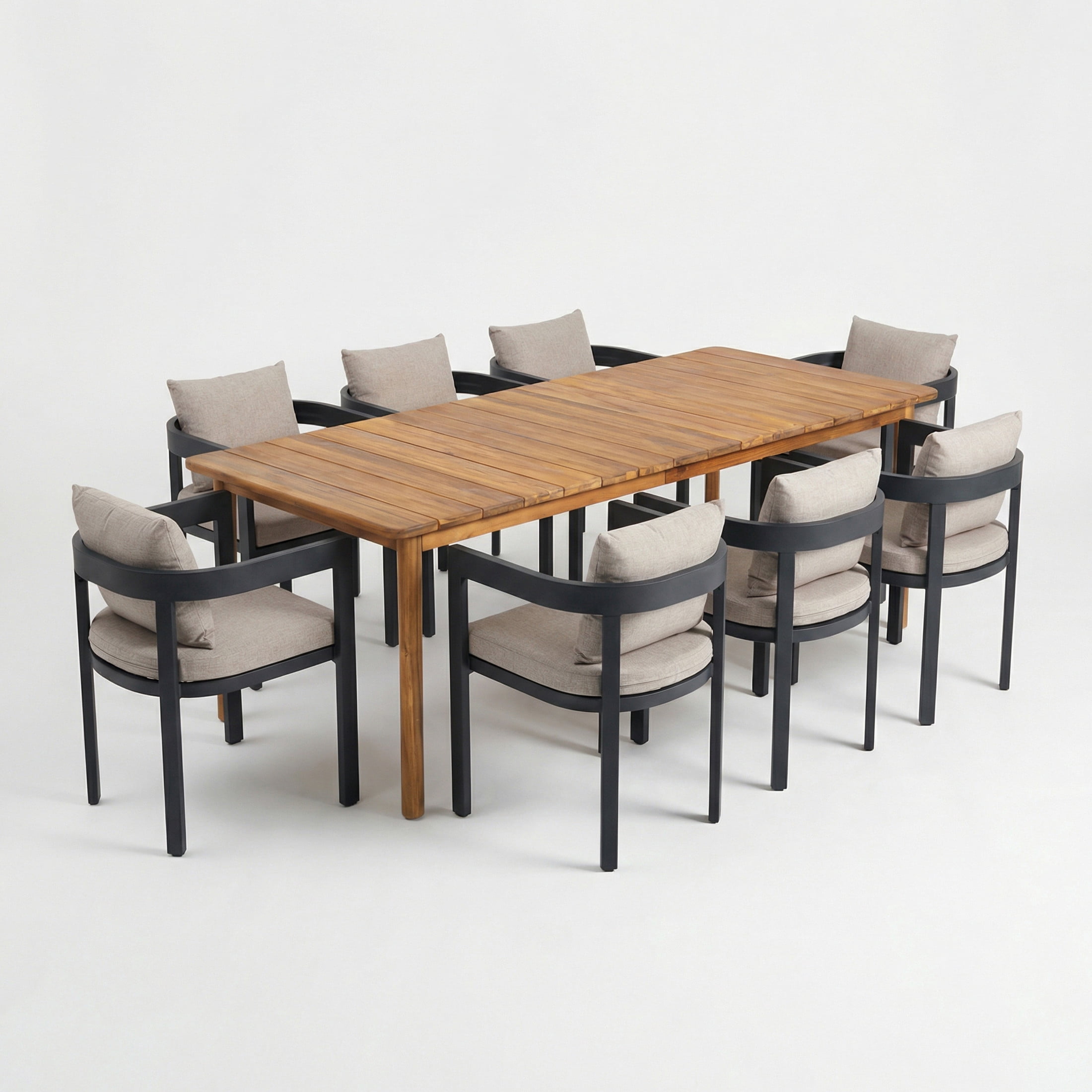 Christopher Knight Home 9-Piece Modern Outdoor Dining Set, Wood Table and Aluminum Chairs, Beige Cushion
