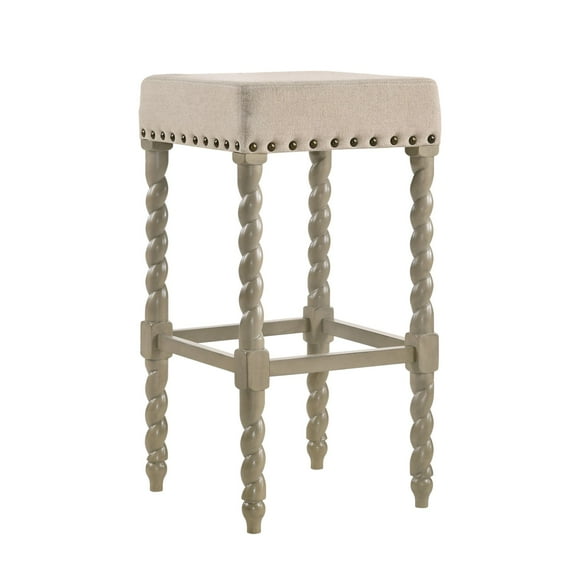 Contemporary Home Living 30" Gray and Ivory Nailhead Trimmed Bar Stool with Barley Twist Legs