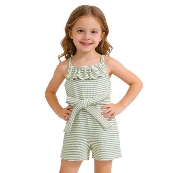 Tfken Girls Romper Sleeveless Stripe Summer Comfy Casual Romper With Belt Daily Wear Soft Child Fashion Clothes Size 6-12 Months Green