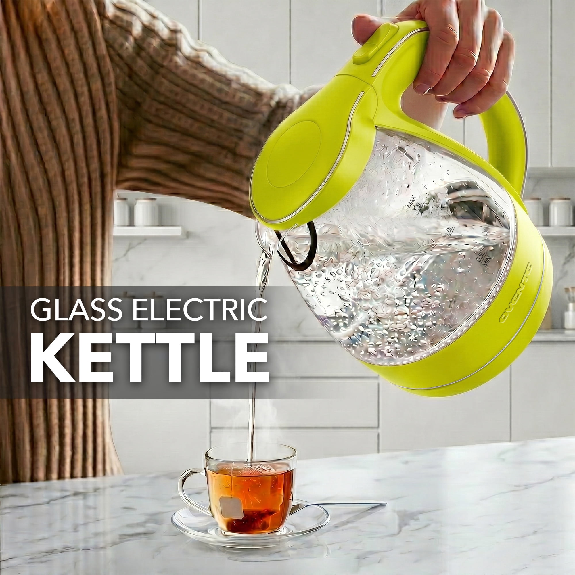 OVENTE 1.5L Glass Electric Kettle Water Boiler, Green KG83G | 1100W Fast Boiling, Borosilicate Glass, BPA-Free, Blue LED, Auto Shut-Off, Boil-Dry Protection, Removable Filter, 360° Base