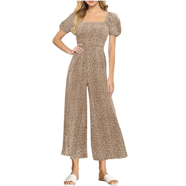 Combinaison pour Femmes, Col Carré Manches Courtes Imprimée Jambe Grand Tenue Décontractée d'Été, Noir TG