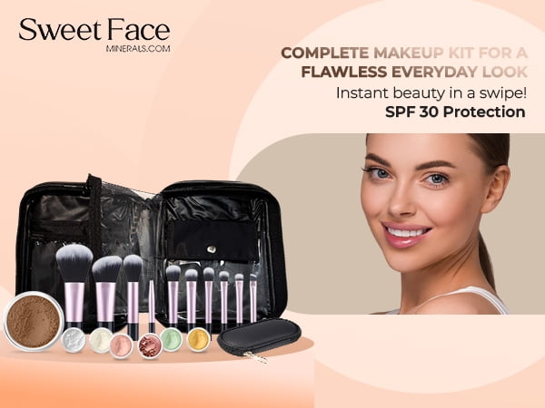15 pc STARTER KIT w/BRUSHES & CASE (COCOA) Mineral Makeup Foundation Blush Bronzer Illuminating Veil Set Bare Skin Matte Powder
