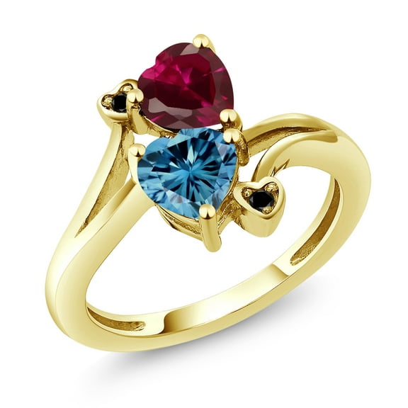 Gem Stone King 10K Yellow Gold Diamond Accent Ring Heart Shape Red Created Ruby and Vivid Persian Blue Moissanite (1.80 Cttw, Size 7)