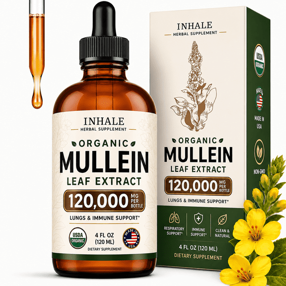 Inhale Mullein Drops – Lung Cleanse & Respiratory Support – Herbal Mullein Leaf Extract for Detox, Immune Health, Mucus Relief & Clear Breathing – Natural Supplement for Throat – Made in USA – 4oz
