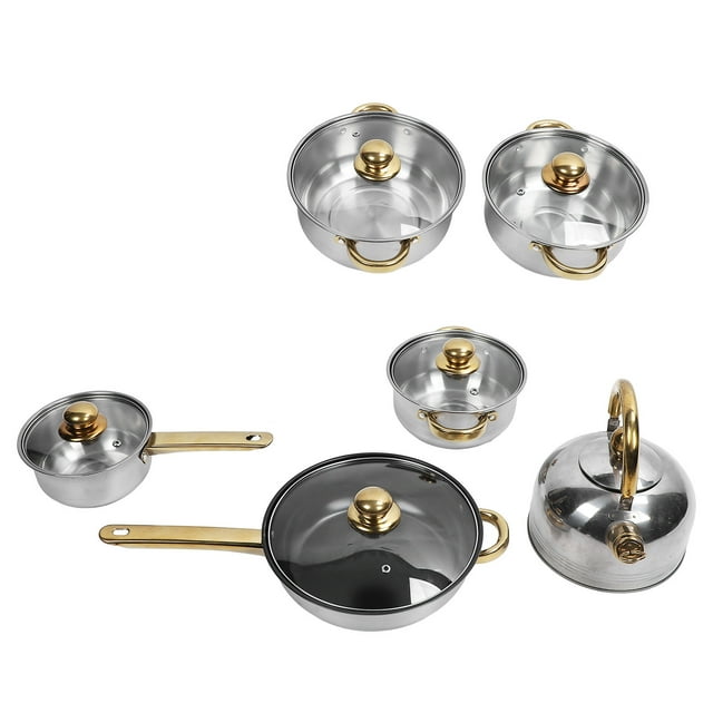 Frying Pan Saucepan Set, Multi Functional Kitchen Set Pot High Temperature Resistance Not Easily Deformed with Gold Handle Design for Home Use