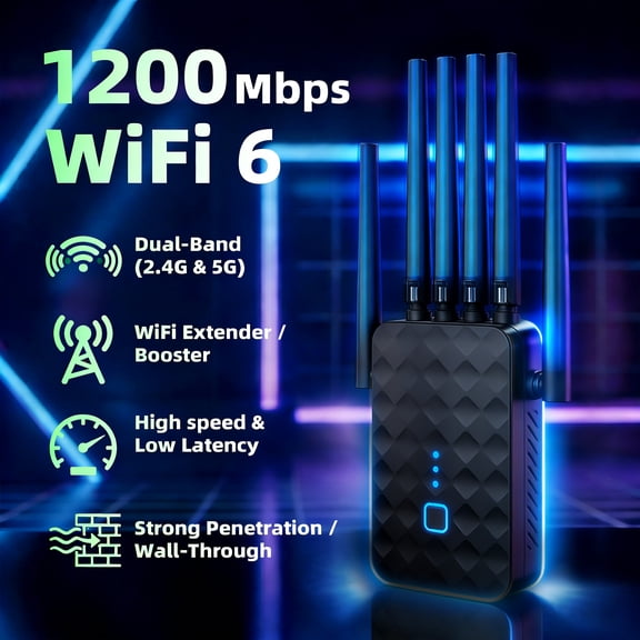 Ourlife 2026 6-Antenna Dual Band WiFi Range Extender, 2.4GHz & 5GHz Signal Booster Repeater with 1200Mbps Speed, Wall-Through WiFi Amplifier, Ethernet Port, Repeater & AP Mode (Black).