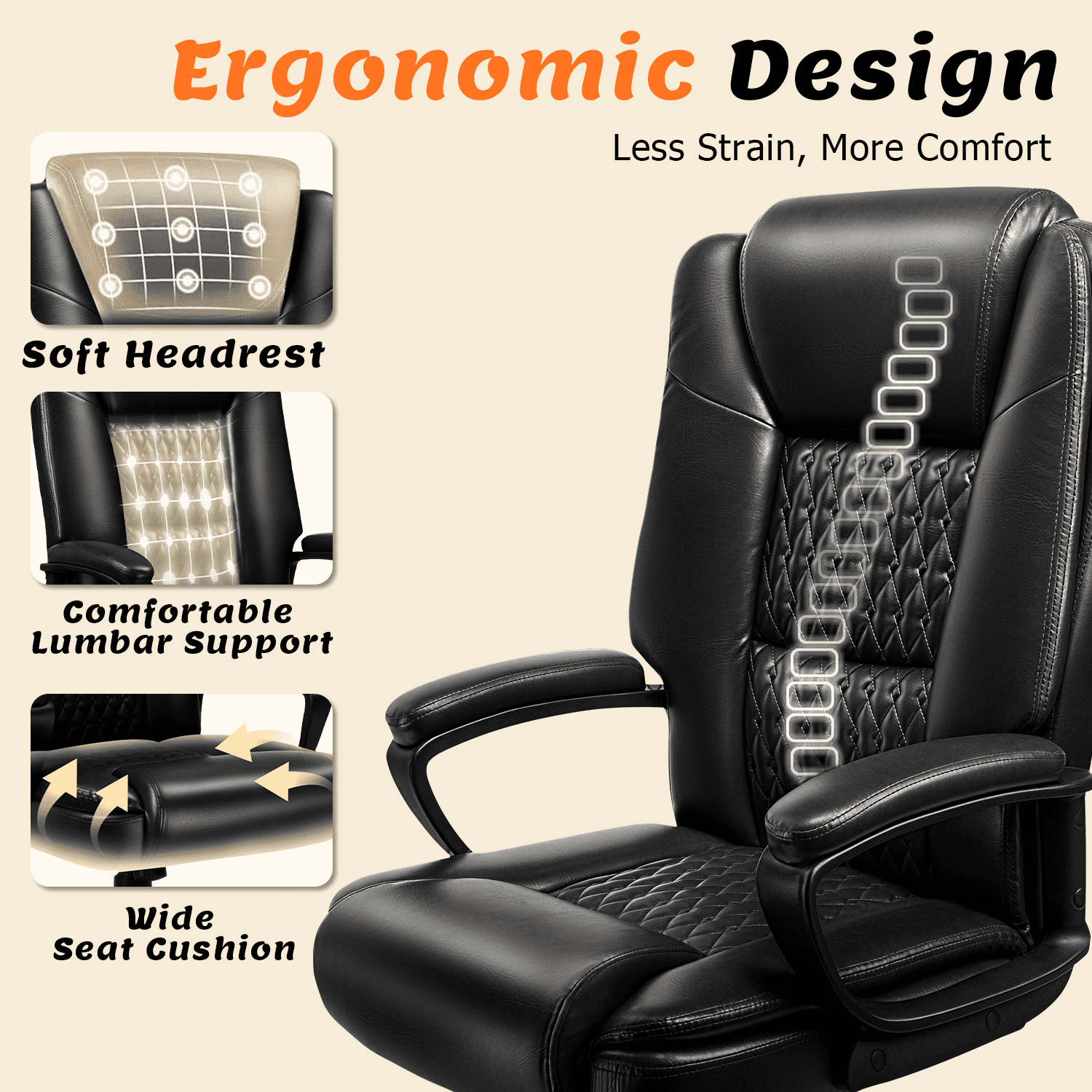 Waleaf Home Office Chair, Big and Tall Desk Chair 8Hours Heavy Duty Design, Ergonomic High Back Cushion Lumbar Back Support, Computer Desk Chair, Adjustable Executive Leather Chair with Arms