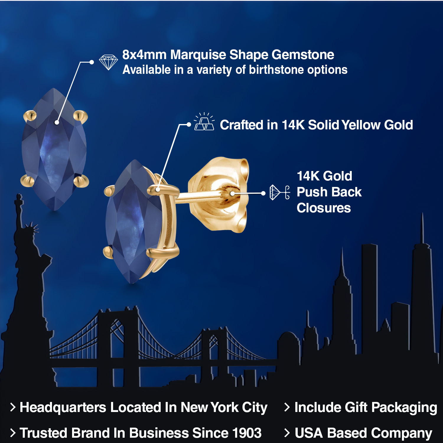 Gem Stone King 14K Yellow Gold Blue Sapphire Doble Notch Stud Earrings for Women Men | 1.26 Cttw | Gemstone September Birthstone | Marquise 8X4MM