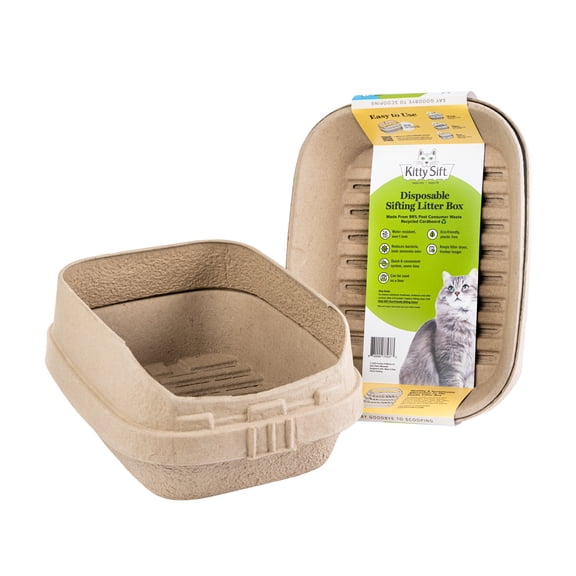 Kitty Sift (Set of 1 Litter Box, 3 Sifting Liners & 1 Shield) Sustainable, Clean, Sifting, Disposable Cat Litter Box with Shield, Large