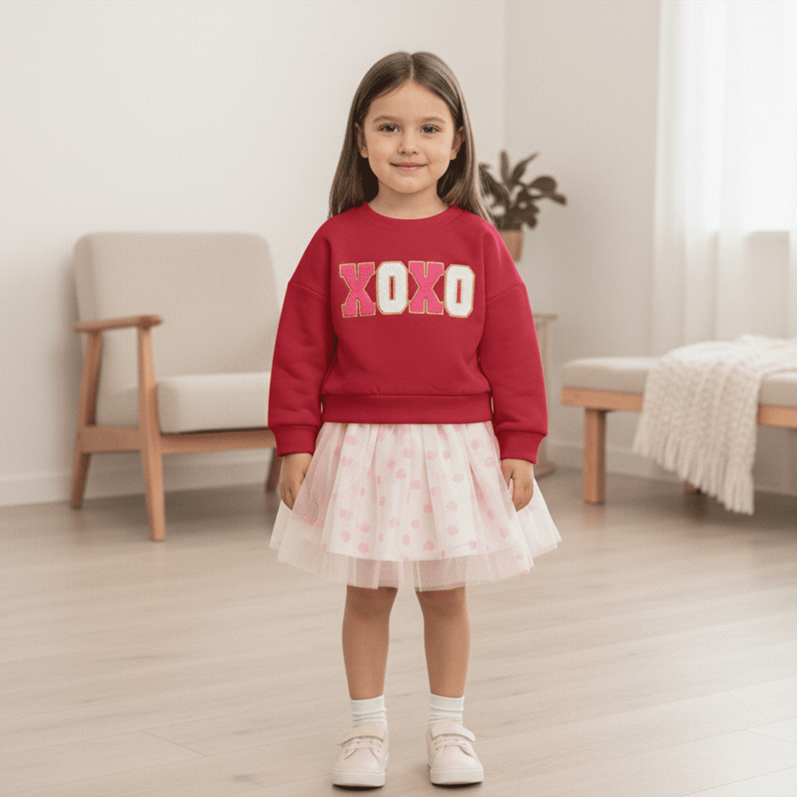 Jxzom Toddler Baby Girl Valentines Outfit XOXO Letter Embroidery Long Sleeve Sweatshirt Tops and Tulle Tutu Skirts Set 1-6 Years Cute Valentines Clothes