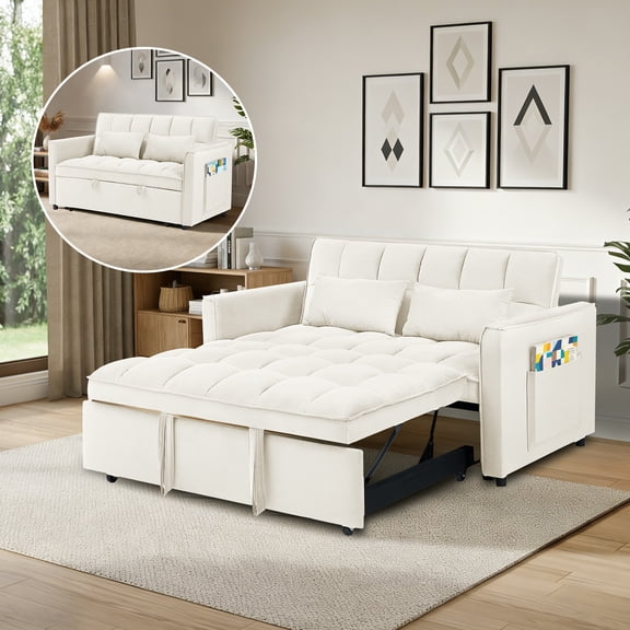 Howcool 55" Pull Out Sleeper Sofa Bed 3-in-1 Convertible Velvet Loveseat Adjustable Backrest Couch with Storage Pocket Small Space Sofa for Bedroom Living Room,Beige