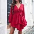 thumbnail image 4 of Npasoilc Dresses for Women Trendy Long Sleeve Cross V-Neck High Waist Bandage Tie Up Tiered Irregular Ruffled Hem Solid Color Casual Slim Fit Mini Dresses, 4 of 9