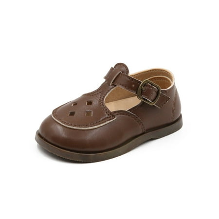 

Avamo Girls Leather Shoe Hollow Out Flats Ankle Strap Dress Shoes Children Mary Jane Kids Anti-Slip T-Strap Dark Brown 6C